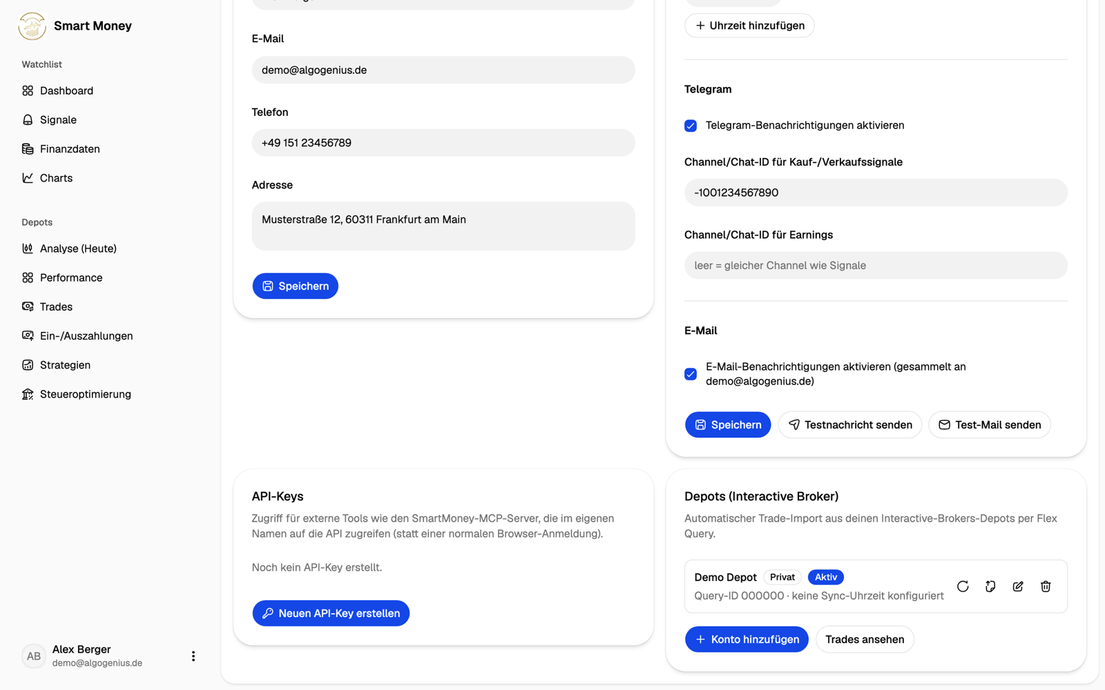 Benachrichtigungs-Einstellungen für Telegram und E-Mail